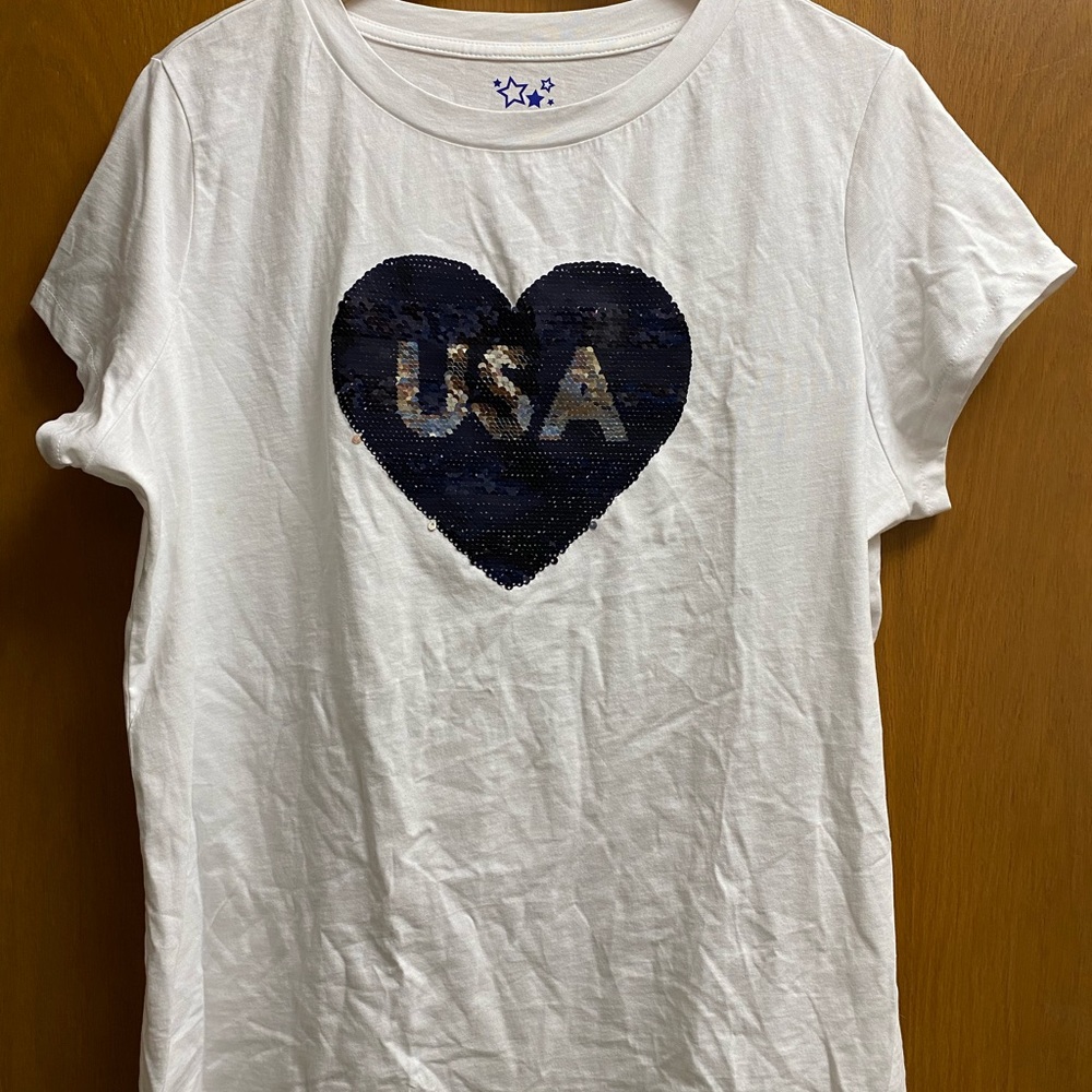 Red white and blue USA flip sequin heart shirt